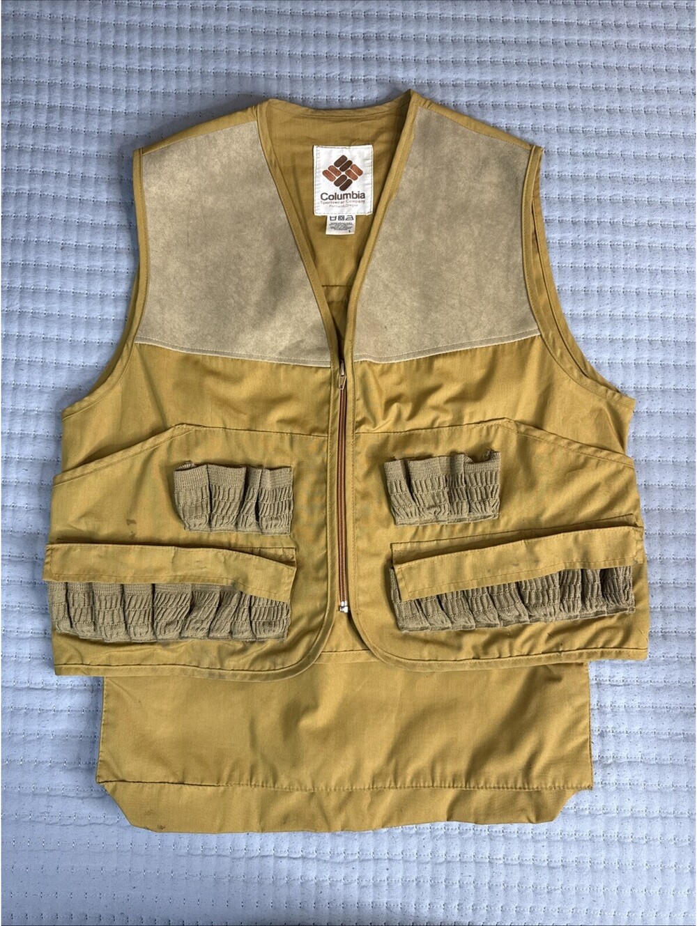 Vintage Columbia Hunting Vest Mens Large Khaki Zip Game Pouch Shell Loops 80s